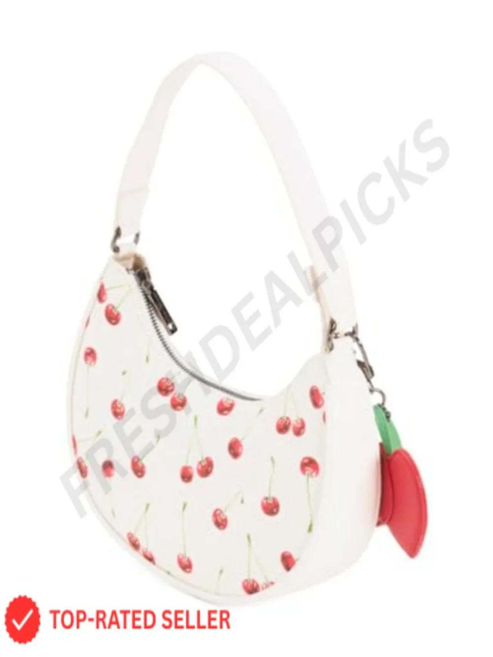 Crescent Hobo Handbag Faux Leather Cherry Print Detachable Heart Charm Shoulder
